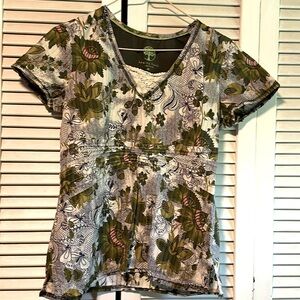 Healing Hands Nurse Medical Scrub Uniform Top Green Floral XS